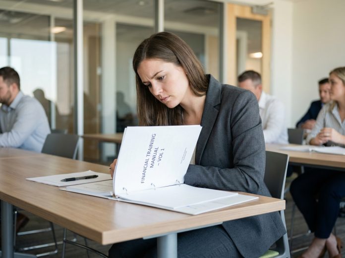 femme-formation-financiere Jeune femme en costume d'affaires lors d'une formation financière