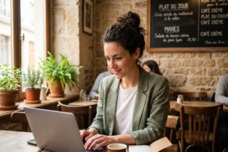 Femme freelance travaillant sur son ordinateur portable dans un café à Lyon avec une ambiance chaleureuse et authentique