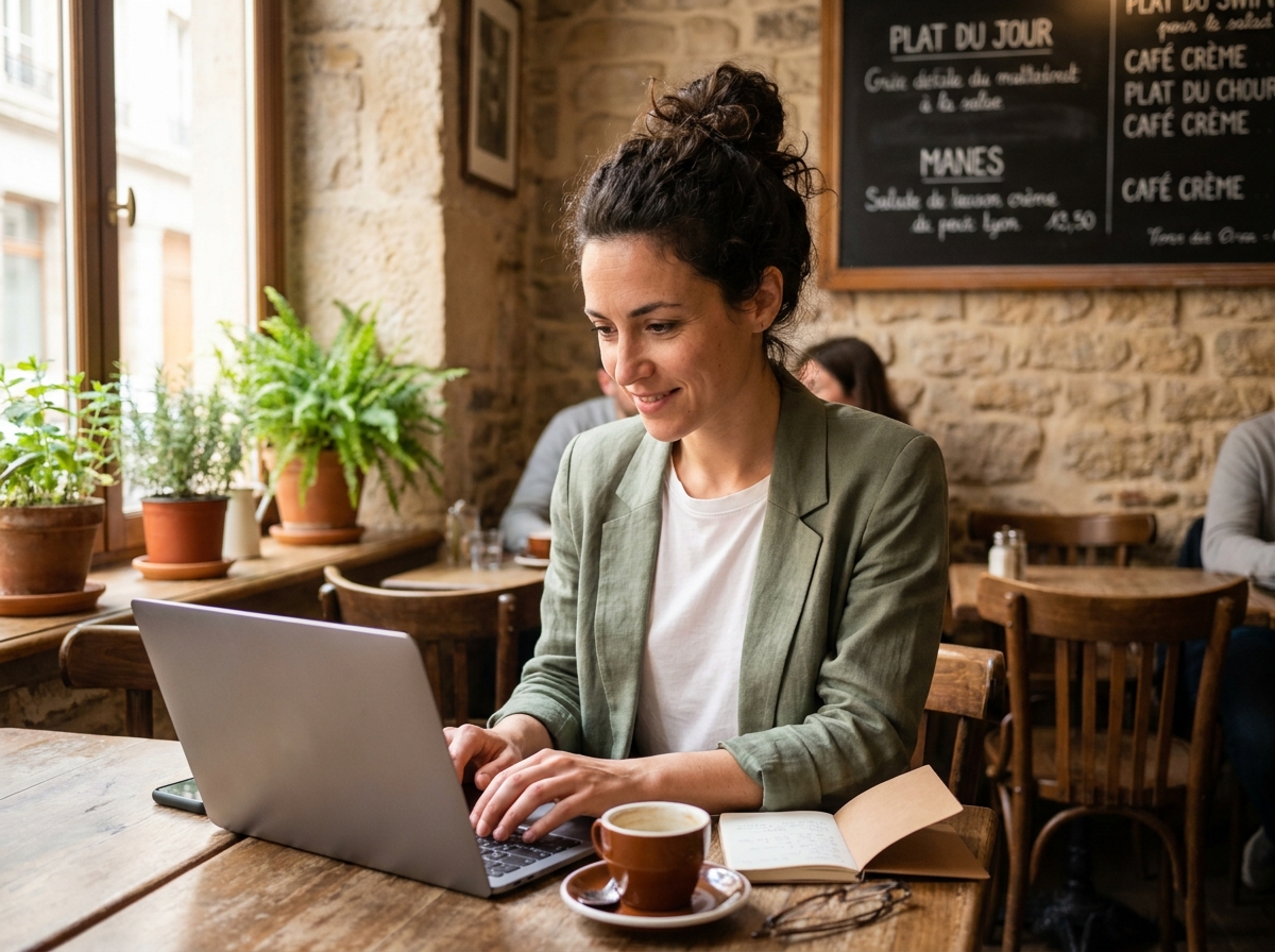 Femme freelance travaillant sur son ordinateur portable dans un café à Lyon avec une ambiance chaleureuse et authentique
