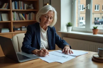 Femme âgée en blazer regardant des papiers à la maison