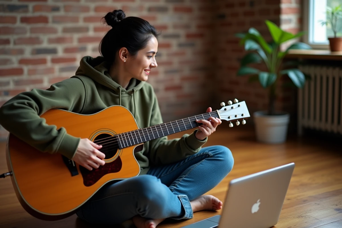Jeune femme apprenant la tablature de guitare sur ordinateur portable posé sur le sol en bois d'un appartement