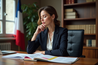Femme d'affaires lisant un livre de lois françaises dans un bureau