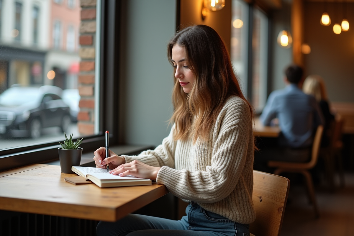 Jeune femme lisant un livre de développement personnel au café