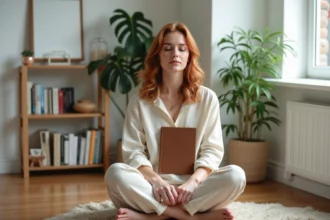 Femme pratiquant la méditation et la réflexion personnelle pour se libérer de ses croyances limitantes avec un journal intime