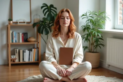 Femme pratiquant la méditation et la réflexion personnelle pour se libérer de ses croyances limitantes avec un journal intime