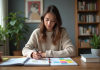 Jeune femme organise des notes sur un planner à la maison
