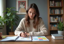 Jeune femme organise des notes sur un planner à la maison
