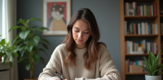 Jeune femme organise des notes sur un planner à la maison