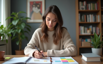Gestion du temps : quel outil efficace pour vaincre la procrastination ? Jeune femme organise des notes sur un planner à la maison
