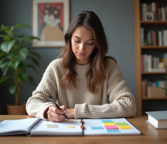 Jeune femme organise des notes sur un planner à la maison