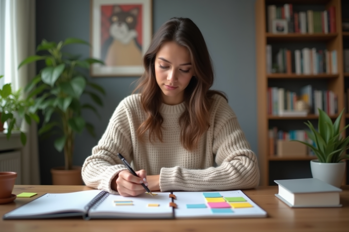 Jeune femme organise des notes sur un planner à la maison