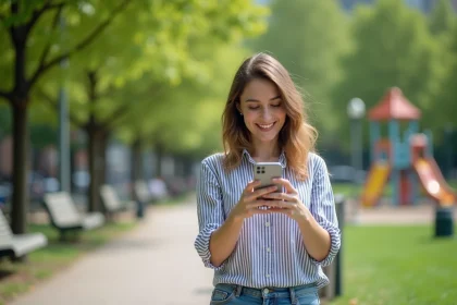 Femme souriante dans un parc urbain utilisant son smartphone