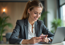 Transformer son approche commerciale avec la formation en social selling par Emmanuelle Petiau Femme professionnelle concentrée avec ordinateur et smartphone