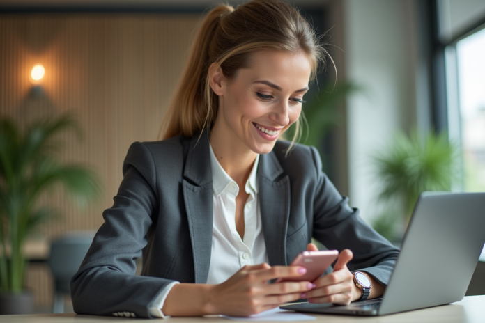 Femme professionnelle concentrée avec ordinateur et smartphone