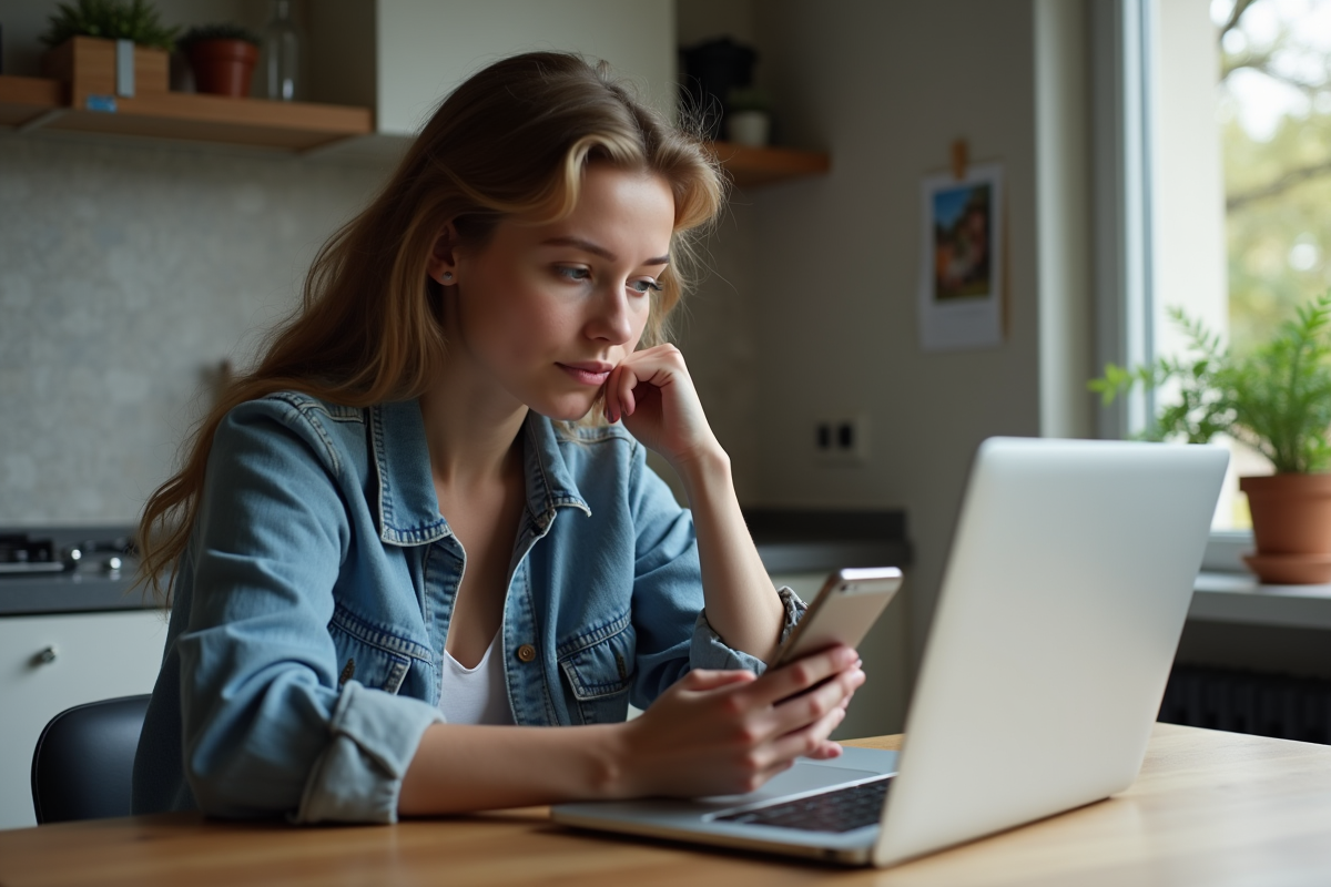 Jeune femme à la maison recherchant Loi C31 sur son ordinateur