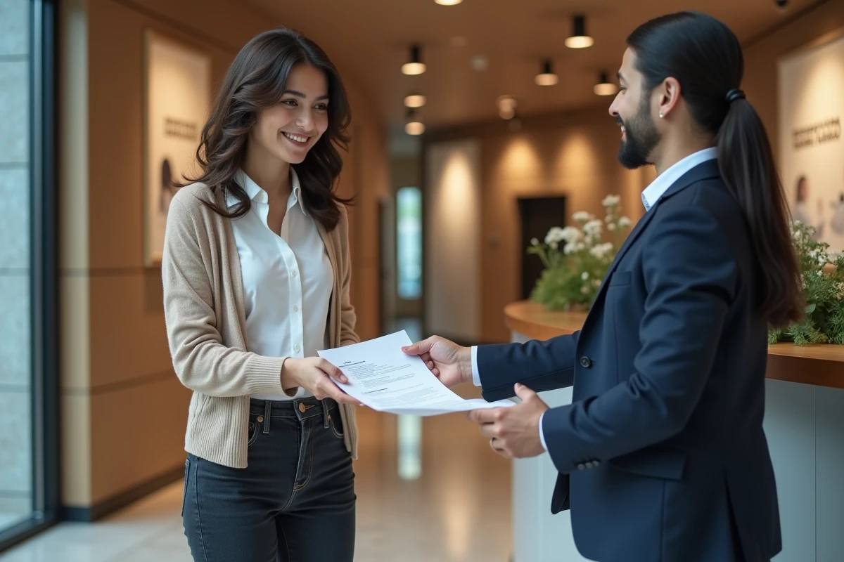 Femme remettant un CV à un recruteur dans un hall moderne
