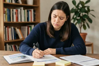 Femme consultant des brochures de formation design avant de s'inscrire à Decoscope.fr, illustrant les erreurs à éviter