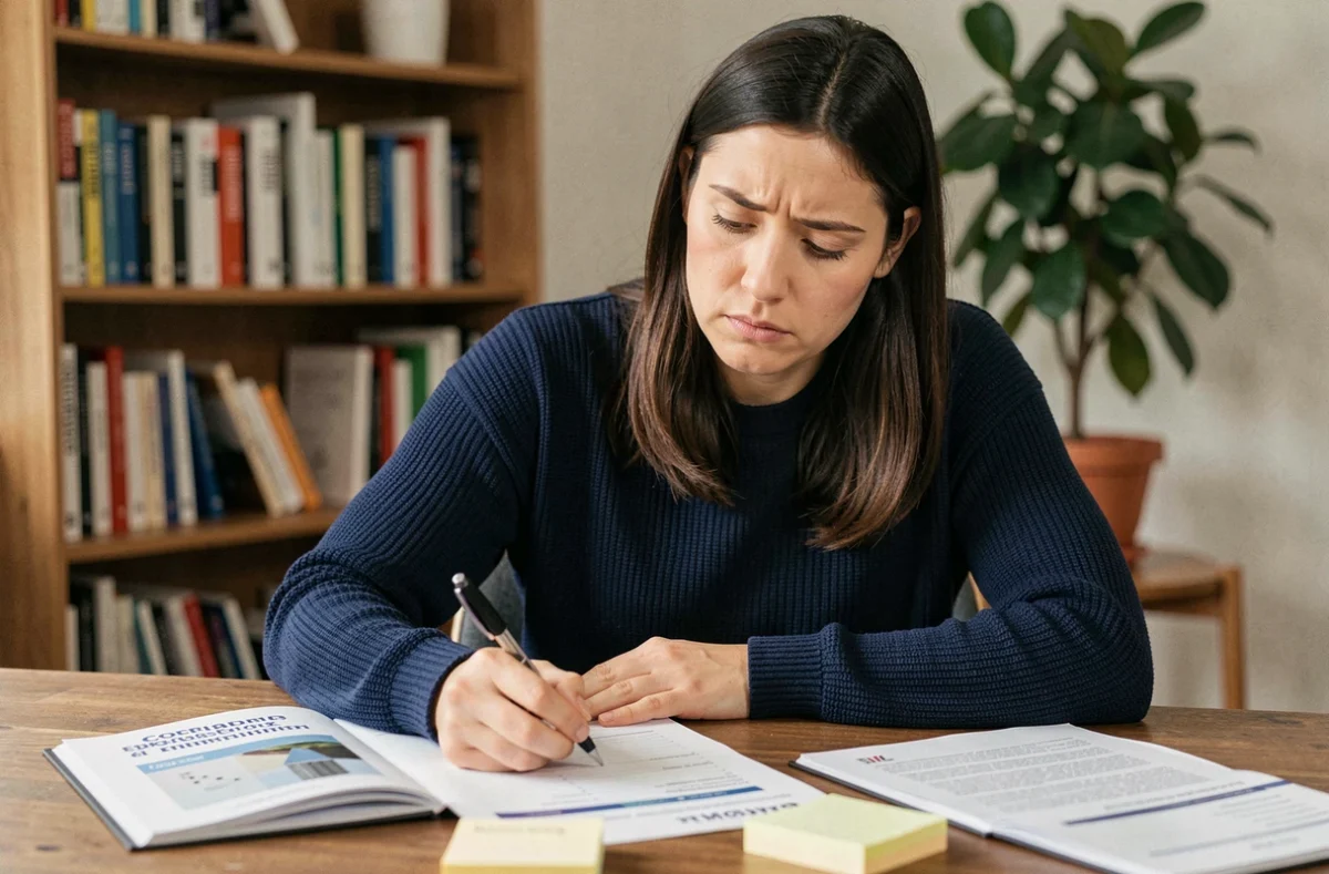 Femme consultant des brochures de formation design avant de s'inscrire à Decoscope.fr, illustrant les erreurs à éviter