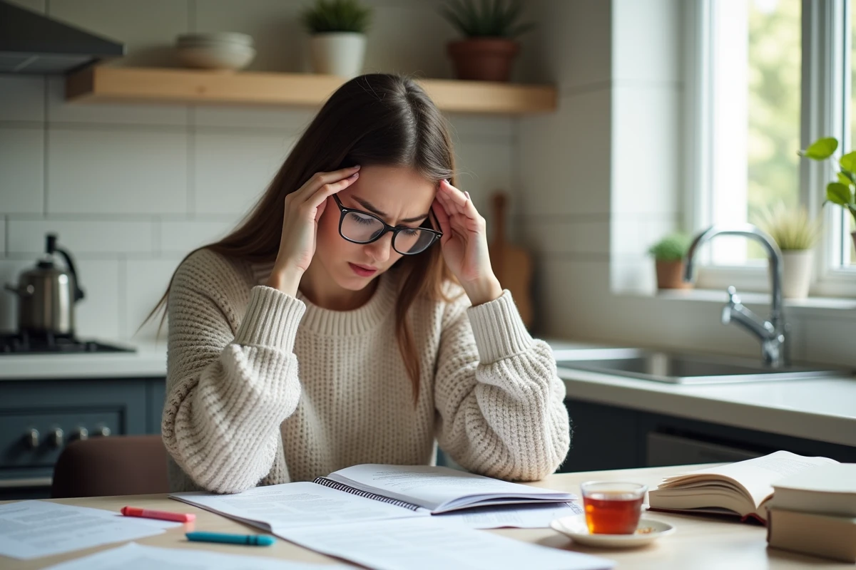 Femme frustrée étudiant avec documents et tasse de thé dans la cuisine