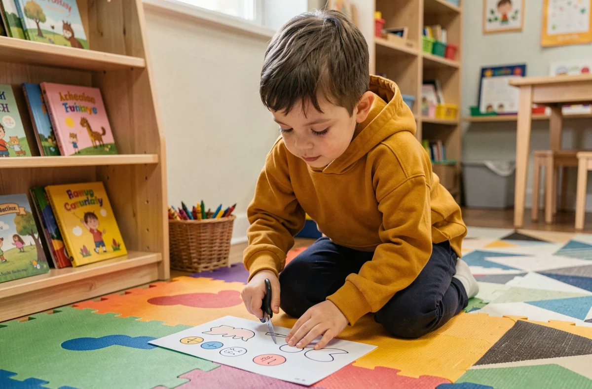 Enfant de maternelle découpant une fiche d'exercice en autonomie dans un coin de travail organisé