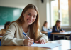Jeune femme remplissant un formulaire scolaire dans une classe lumineuse