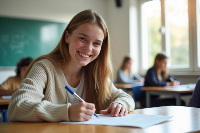 Jeune femme remplissant un formulaire scolaire dans une classe lumineuse
