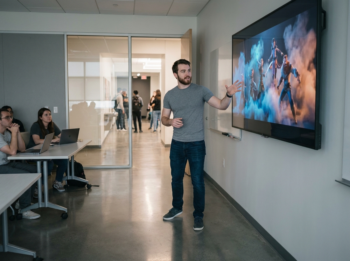 Formateur présentant un rendu 3D avec effets visuels FX devant un écran dans une salle de cours spécialisée en animation