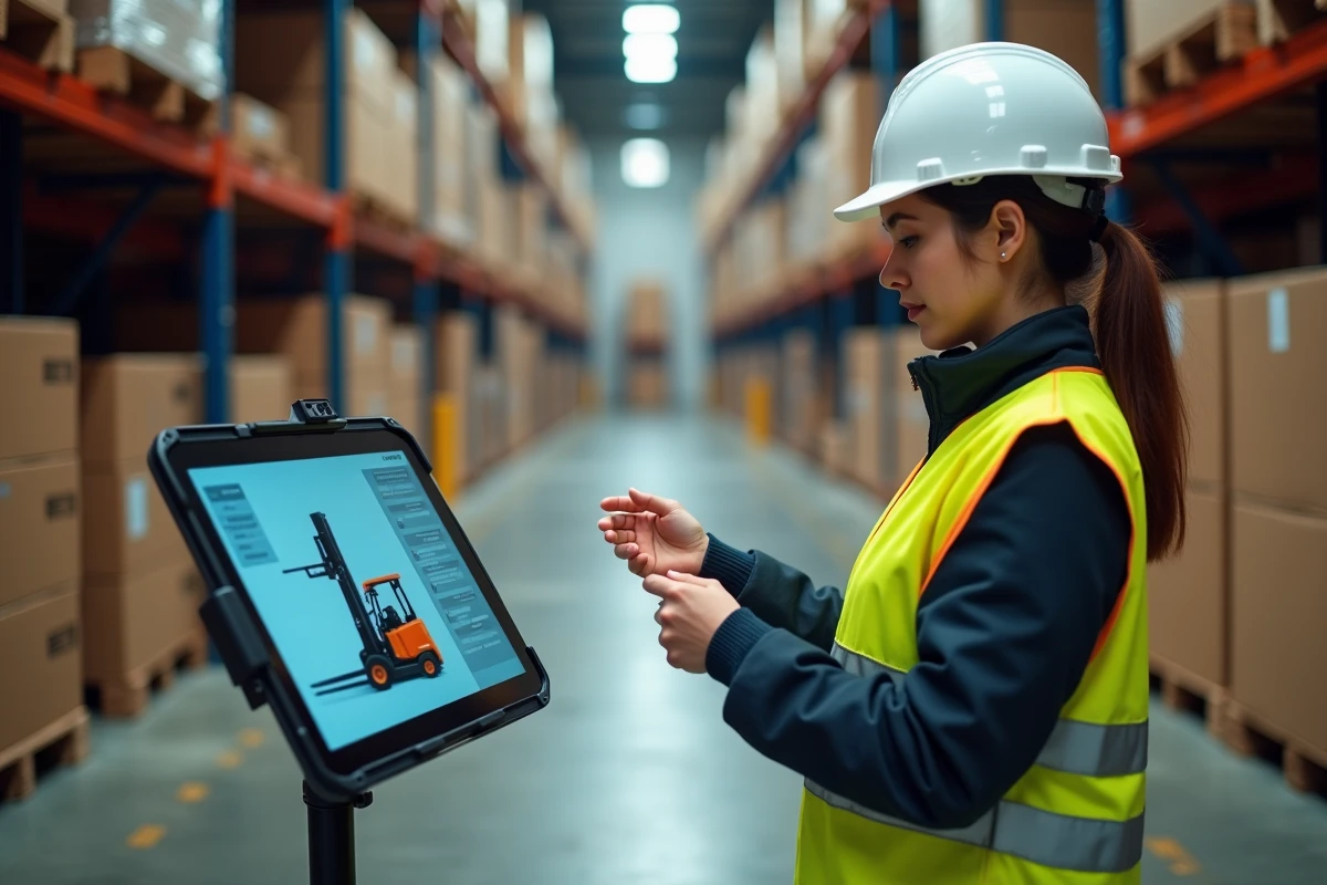 Femme suivant une formation CACES chariot élévateur à distance sur tablette dans un entrepôt logistique