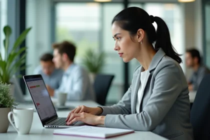 Responsable pédagogique se formant à un logiciel de gestion scolaire sur ordinateur portable dans un bureau moderne