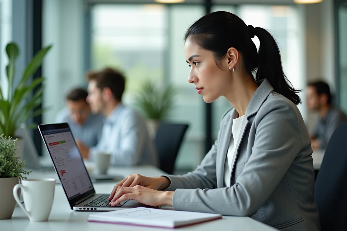 Responsable pédagogique se formant à un logiciel de gestion scolaire sur ordinateur portable dans un bureau moderne