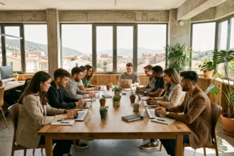 Groupe de jeunes alternants réunis autour d'une table dans un espace de co-working moderne en Provence-Alpes-Côte d'Azur