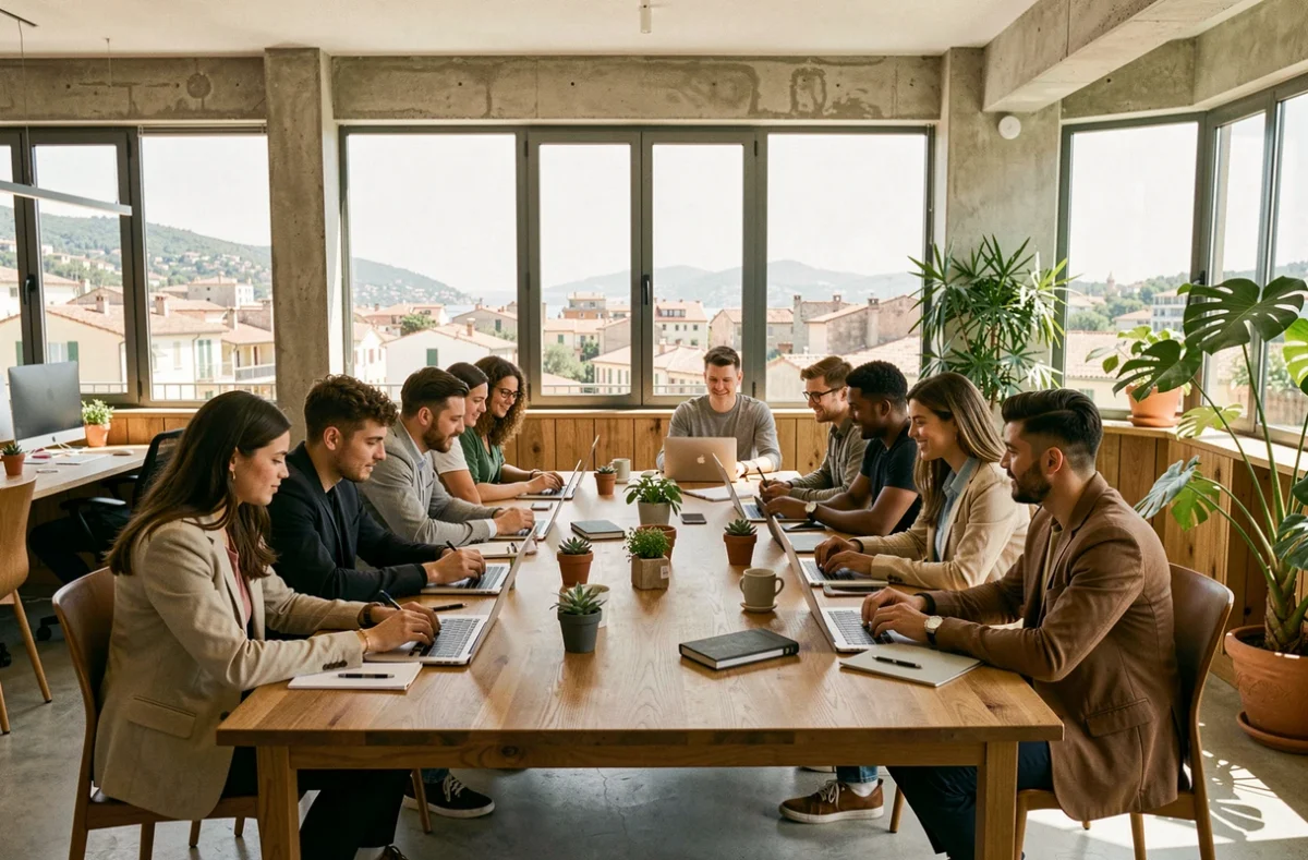 Groupe de jeunes alternants réunis autour d'une table dans un espace de co-working moderne en Provence-Alpes-Côte d'Azur