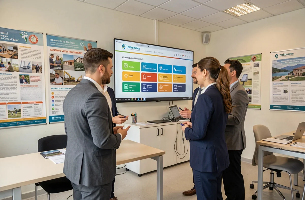 Groupe de stagiaires et conseillers du réseau FORPRO PACA consultant les offres de formation professionnelle et d'alternance dans un centre public en région PACA