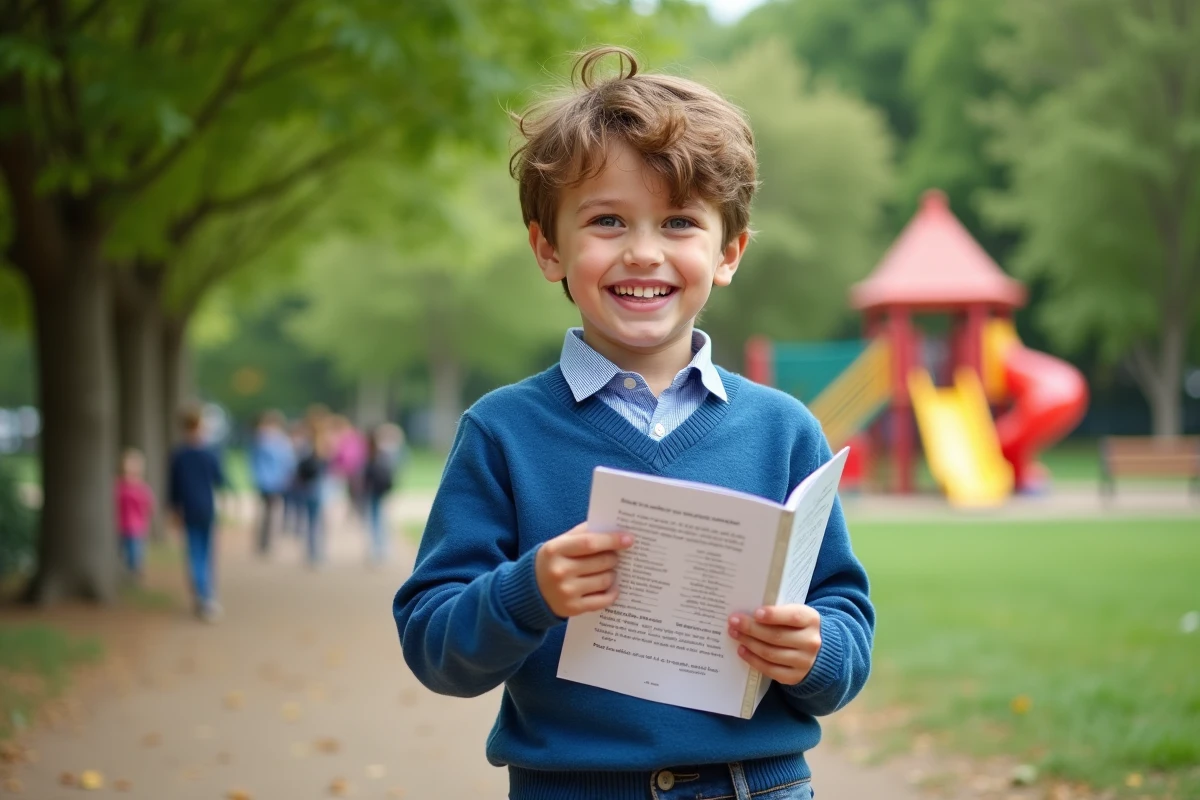 Garçon souriant tenant un livre d