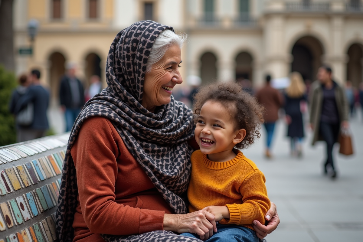 Une grand-mère et un enfant rient sur un banc en place publique