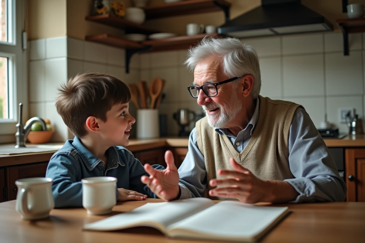 Grand-pere lisant une histoire à un jeune garçon à la cuisine