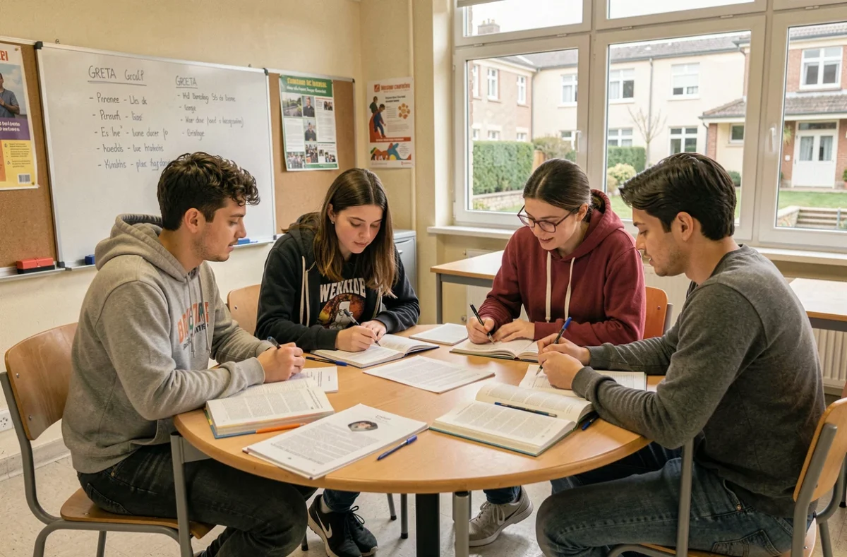 Groupe d'apprenants adultes du GRETA travaillant ensemble autour d'une table en salle de formation