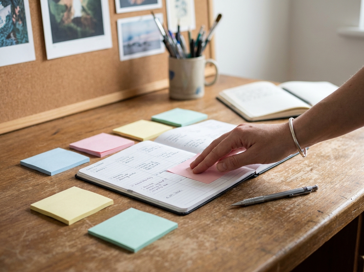 Gros plan sur un bureau créatif avec des petites notes adhésives pastel disposées autour d'un agenda papier ouvert