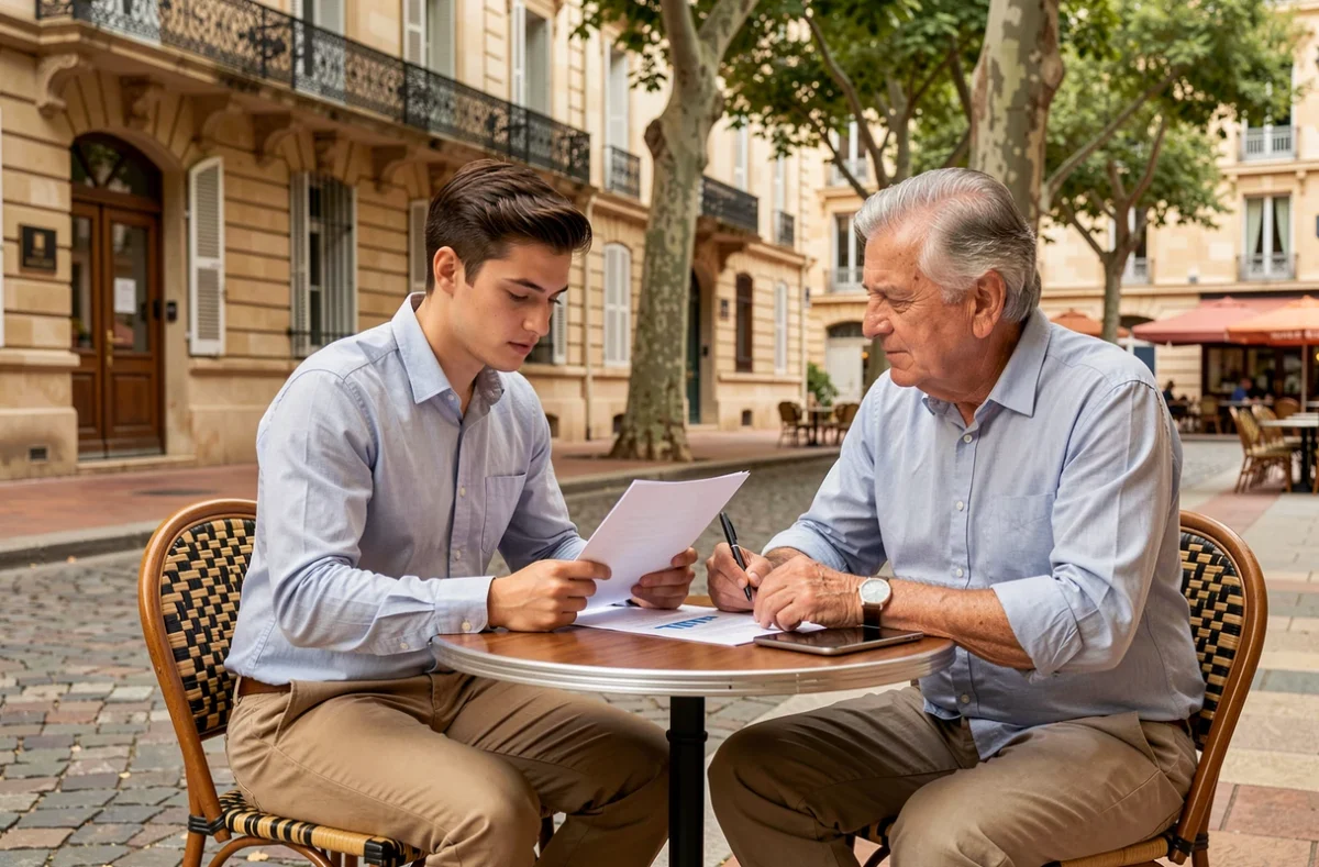 Jeune alternant en formation tertiaire discutant avec un tuteur en plein centre-ville d'Aix-en-Provence pour le Groupe Alternance
