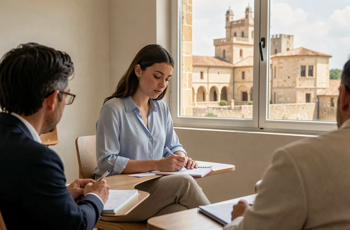 Jeune alternante en formation dans une salle du Groupe Alternance Avignon avec le Palais des Papes en arrière-plan en Vaucluse
