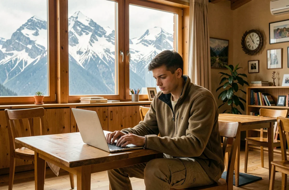 Étudiant en alternance travaillant sur son ordinateur dans une salle de formation du Groupe Alternance Gap avec les Hautes-Alpes en toile de fond