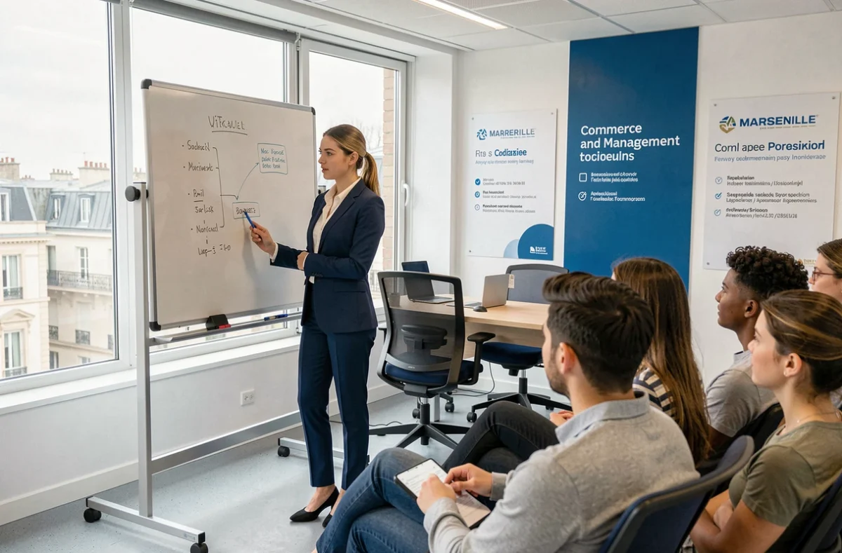 Étudiante en alternance présentant un projet commercial dans une salle de classe du campus commerce et gestion du Groupe Alternance Marseille