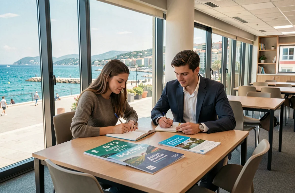 Deux étudiants en BTS et bachelor en alternance sur le campus du Groupe Alternance Nice avec vue sur la Côte d'Azur