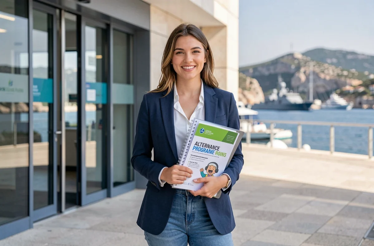 Jeune alternante devant le centre de formation du Groupe Alternance Toulon avec le port militaire du Var en arrière-plan