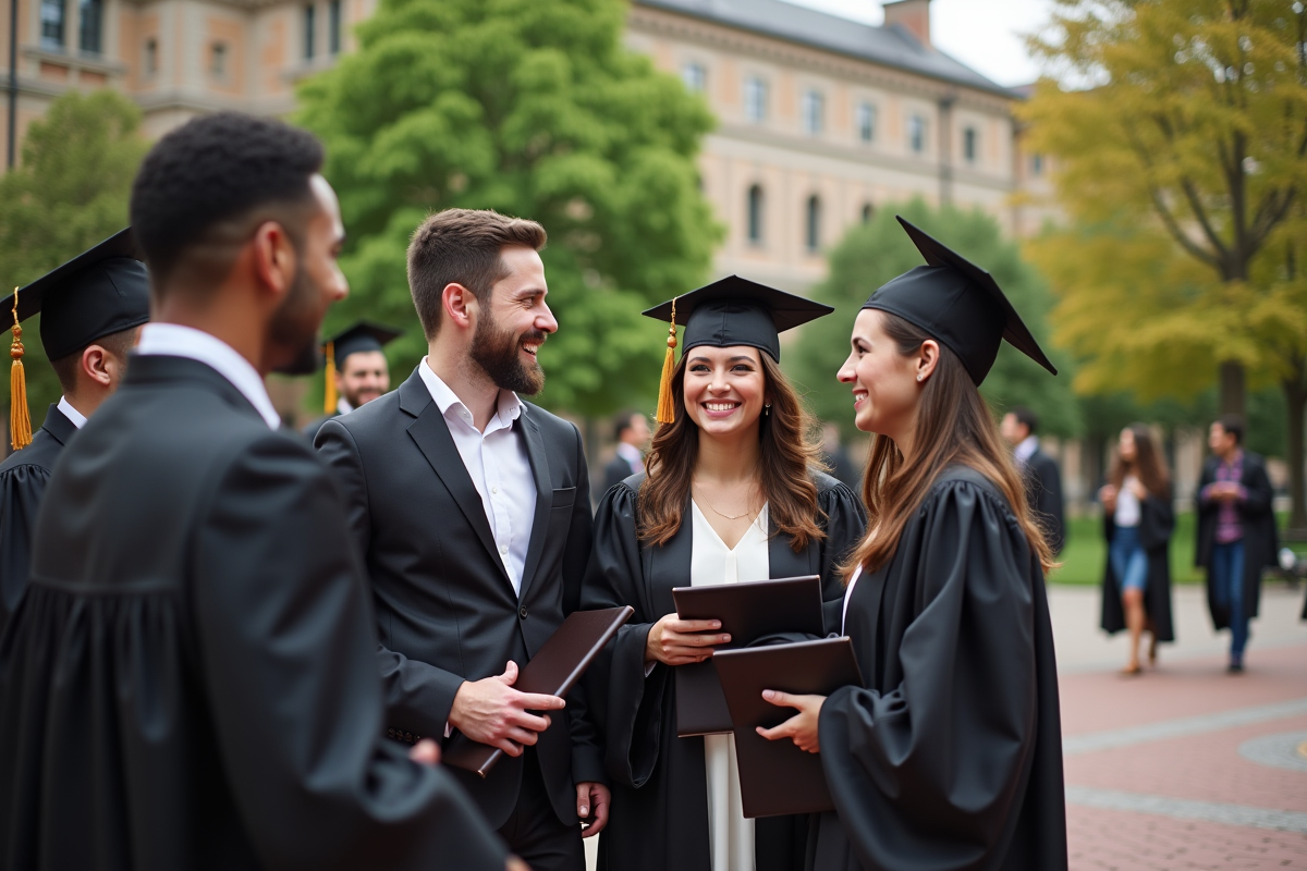 Groupe d etudiants diplômés célébrant en plein air