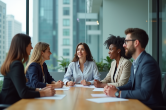 Groupe de quatre adultes en réunion dans un bureau moderne
