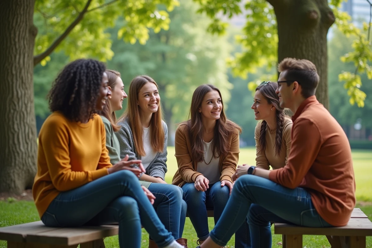 Groupe de jeunes discutant dans un parc verdoyant