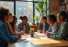 Groupe divers d'adultes et adolescents autour d'une table en centre communautaire