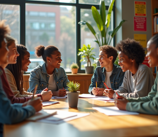 Facteurs sociaux culturels : impact et importance dans la société contemporaine Groupe divers d'adultes et adolescents autour d'une table en centre communautaire