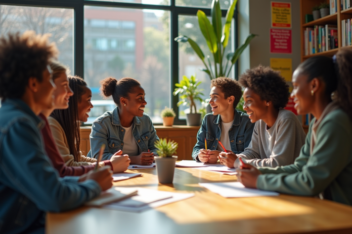 groupe-divers-centre-communautaire Groupe divers d'adultes et adolescents autour d'une table en centre communautaire